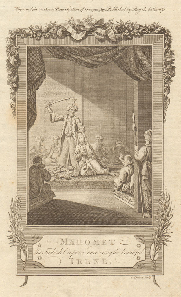 Turkish Emperor Mahomet murdering Irene. Sultan Mehmed II uxoricide. BANKES 1789